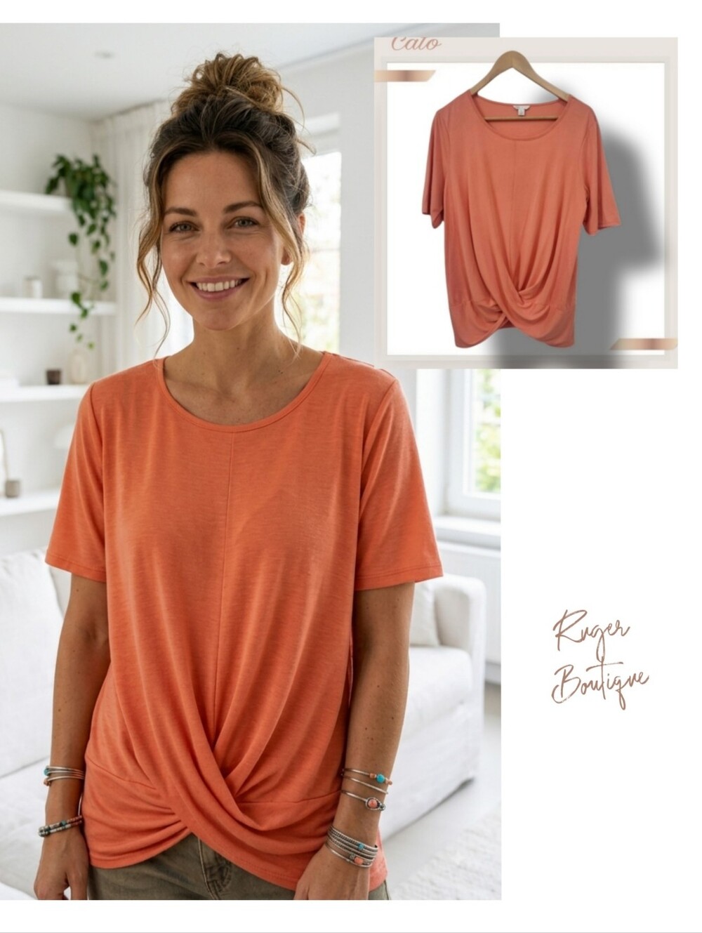 🌿Cato Women's Small Soft Orange Short Sleeve Lightweight Wrap Waist Top
